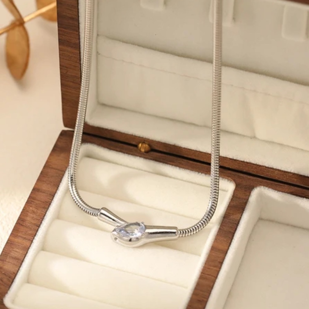 Stainless Steel Necklace with Clear Teardrop Pendant